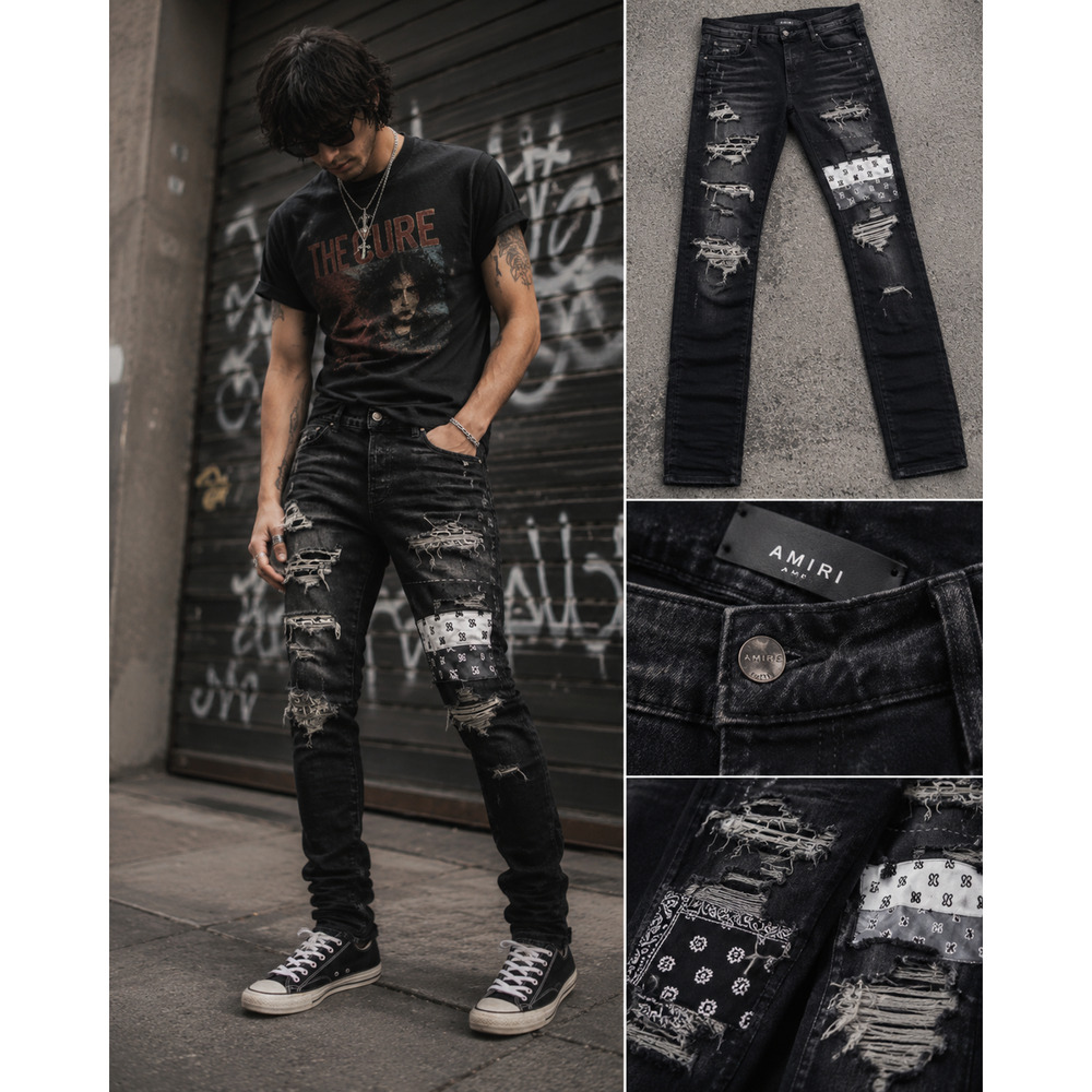 AMIRI Mens 32 Bandana Repair Distressed Stack Skinny Jeans Made In USA